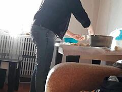 Stepsister gives a blowjob while stepmom cooks - Mature and stepsister in action
