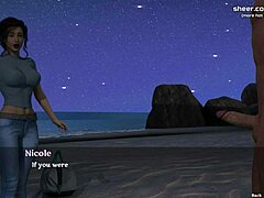 큰 가슴과 곡선적인 엉덩이를 가진 바람난 아내, 핫한 3D 애니메이션에서 해변에서 젊은 연인에게 크림파이를 받다