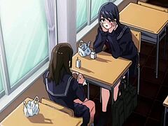 Anime meisje wordt ondeugend in een openbaar toilet
