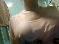 Join me in shower and enjoy sizzling European wife with big boobs and wet t-shirt