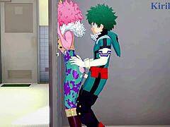 Mina Ashido, Momo Yaoyorozu og Izuku Midoriya engasjerer seg i en intens trekant i My Hero Academia hentai