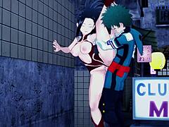 Mina Ashido, Momo Yaoyorozu, dan Izuku Midoriya terlibat dalam threesome yang intens dalam My Hero Academia hentai