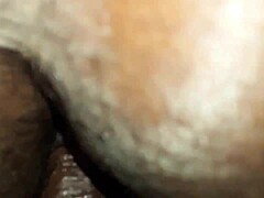 Close-up de um cu peludo de uma mulher gorda sendo preenchido com um grande pênis preto